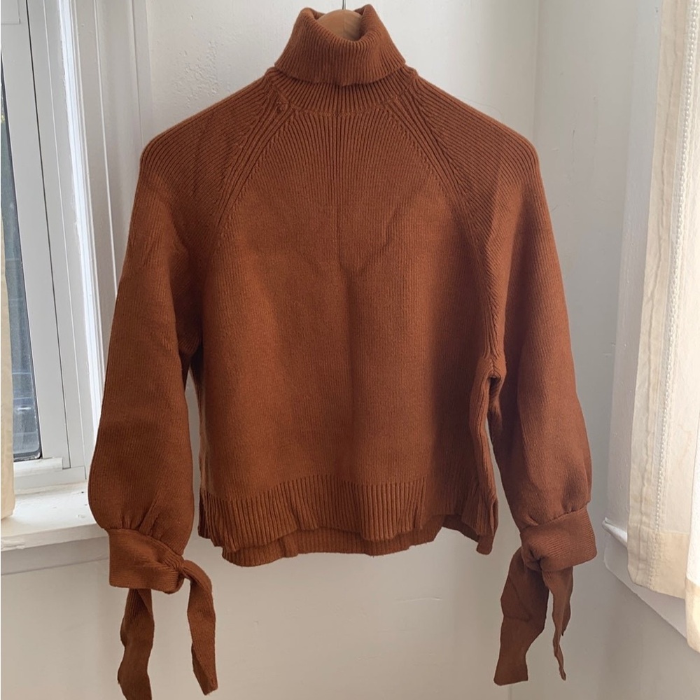 Zara Brown Knit Turtleneck Sweater with Tied Cuffs